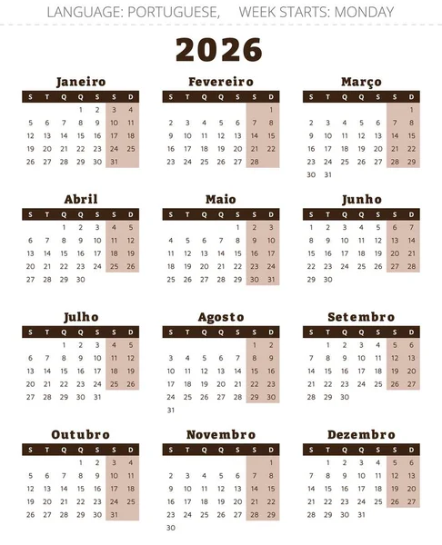 2026 yılının Porto Riko takvimi. Portekiz için dikey modern vektör illüstrasyonu 