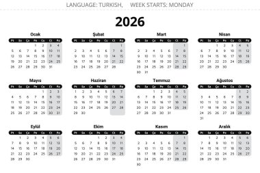 2026 yıllık Türk takvimi siyah. Türkiye için vektör illüstrasyonu - Türk takvimi