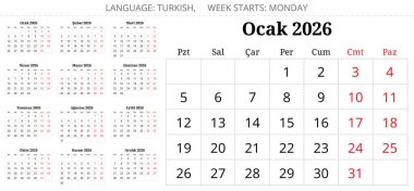 2026 yıllık Türk planlama takvimi. 12 aylık tahsilat. Türkiye için vektör illüstrasyonu - Türk takvimi