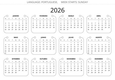 2026 yılının portatif sanatsal takvimi. Portekiz için vektör illüstrasyonu. Hafta pazar başlıyor.