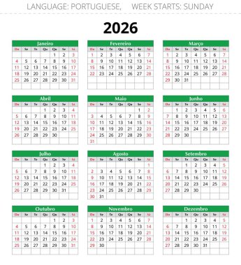2026 yılı Portekiz takvimi. Portekiz için vektör illüstrasyonu. Hafta pazar başlıyor.