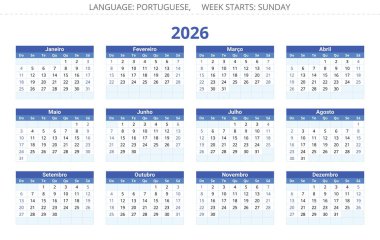 Portekiz takvimi 2026. Portekiz vektör illüstrasyonu. Calendario portugues. Hafta pazar başlıyor.