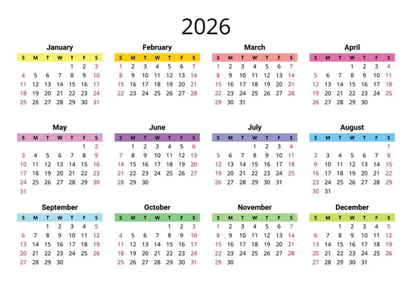 2026 takvimi. Her ay farklı renkte.