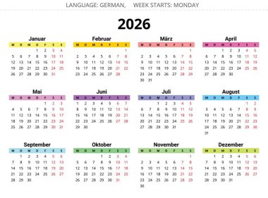 2026 Alman takvimi. Almanya için vektör çok renkli yıl illüstrasyonuName
