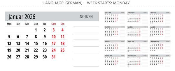 German calendar 2026 with space for notes. Vector illustration for Germany