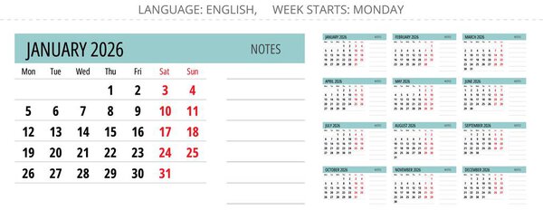 2026 calendar with notes. A vector collection of English monthly page calendars. Design with Monday start