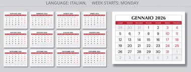 2026 yılı İtalyan takvimi. 12 aylık kağıt sayfaları. İtalya için vektör illüstrasyonu