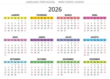 Portekiz çok renkli takvimi 2026. Portekiz vektör illüstrasyonu. Calendario portugues. Hafta pazar başlıyor.