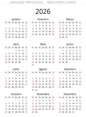 Basit Portekiz takvimi 2026. Portekiz vektör illüstrasyonu. Hafta pazar başlıyor.