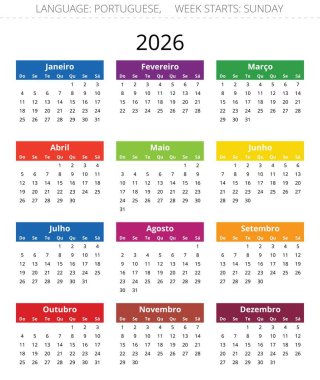 Renkli Portekiz takvimi 2026. Portekiz vektör illüstrasyonu. Hafta pazar başlıyor.