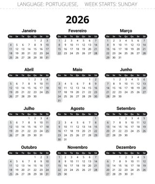 Portekiz takvimi 2026 siyah ve gri. Portekiz vektör illüstrasyonu. Hafta pazar başlıyor.