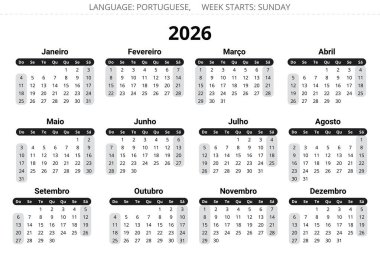 Portekiz takvimi 2026 siyah ve gri. Portekiz vektör illüstrasyonu. Hafta pazar başlıyor.