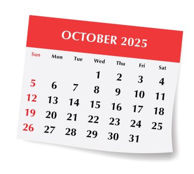 2025 Ekim İngiliz takvimi. Gölgeli aylık kağıt sayfasının vektör illüstrasyonu. Pazar başlangıcıyla tasarım