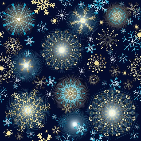 Inverno Padrão Sem Costura Azul Escuro Com Flocos Neve Dourados — Vetor de Stock