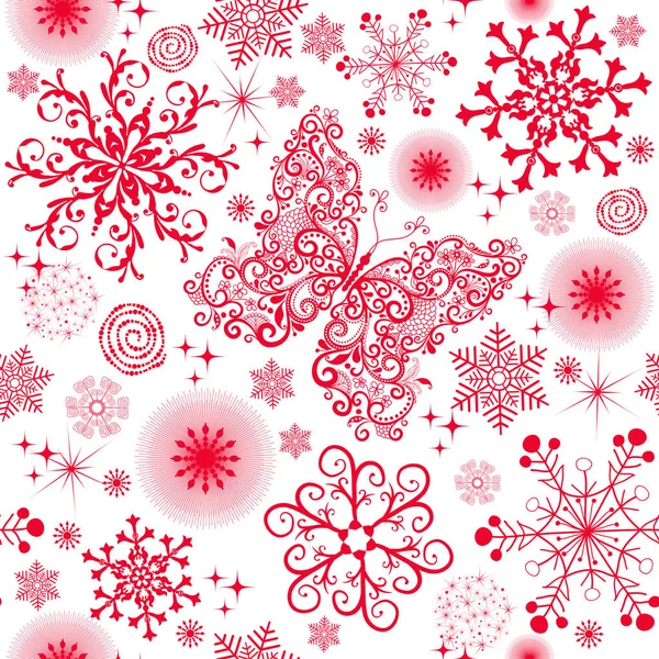 Монохромний Безшовний Різдвяний Візерунок Червоними Сніжинками Метеликами Векторні Епохи Векторна Графіка