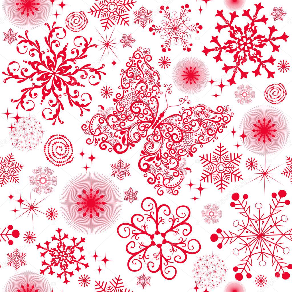Monochrome seamless christmas pattern with red snowflakes and butterflies, vector eps 8