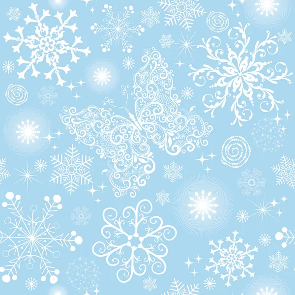 Padrão Natal Sem Costura Azul Com Flocos Neve Brancos Borboletas — Vetor de Stock