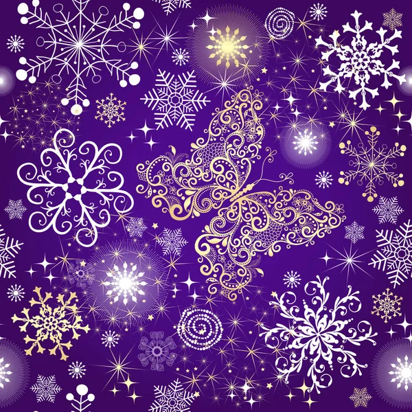 Veilchenverlauf Violett Nahtloses Weihnachtsmuster Mit Goldenen Und Weißen Schneeflocken Und — Stockvektor