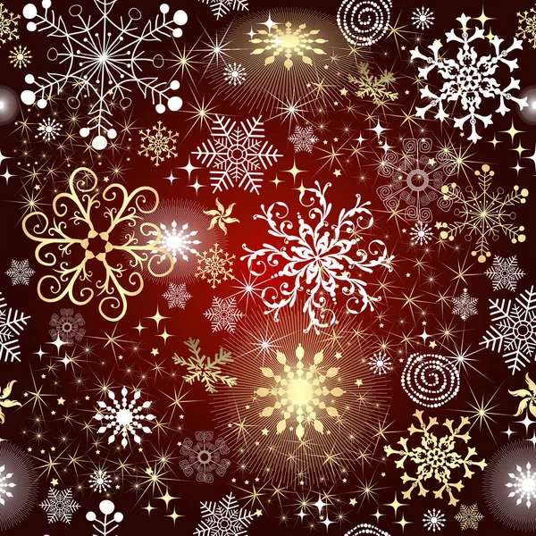红色梯度圣诞节无缝的样式与金黄和白色雪花和星 Eps — 图库矢量图片