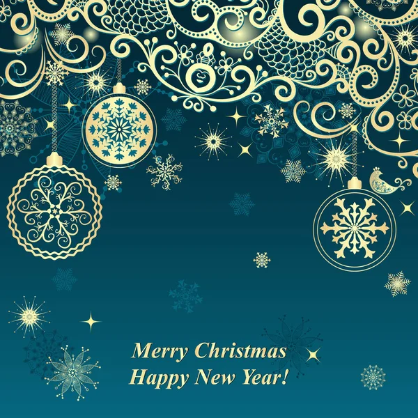 Блакитна Різдвяна Рамка Вінтажними Золотими Кулями Сніжинками Eps Ліцензійні Стокові Вектори