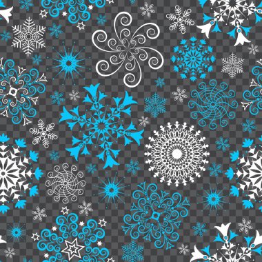Beyaz ve mavi kar taneleri ve şeffaf bir arka plan, vektör eps 8 üzerinde yıldız ile soyut Noel seamless modeli