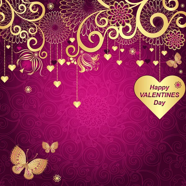 Quadro Valentines Roxo Com Corações Dourados Padrão Floral Borboletas Vetor Vetores De Stock Royalty-Free