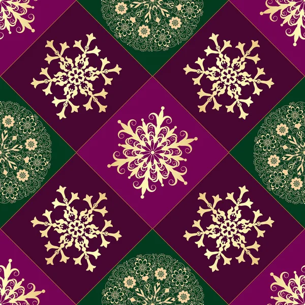 Kerst geometrische naadloze paarse en groene patroon — Stockvector