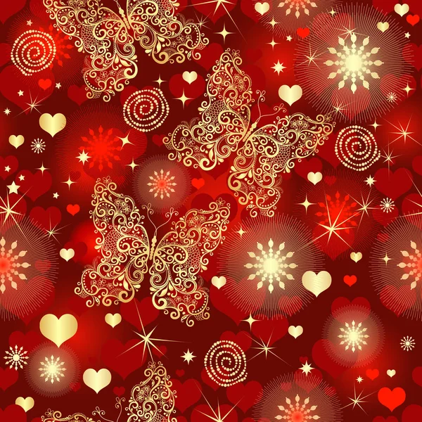 心と黄金バットでシームレスな鮮やかな赤いバレンタイン パターン ベクターグラフィックス