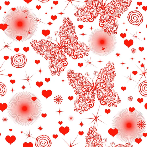 心と蝶ベクトル Eps で透明な背景に白黒の明るい赤のシームレスなバレンタイン パターン — ストックベクタ
