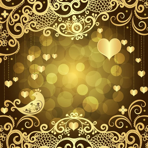 Guld Valentines Ram Med Gyllene Hjärtan Och Blommönster Transparent Bokeh — Stock vektor