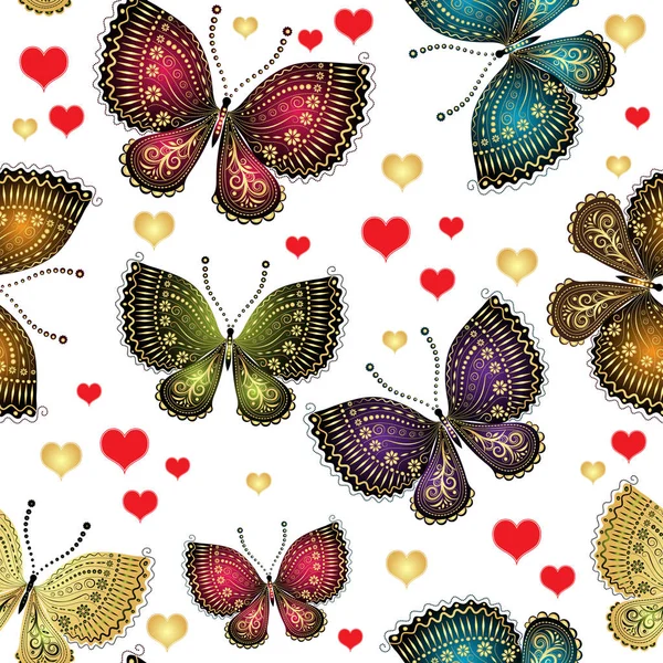 Patrón Sin Costuras Primavera Con Mariposas Brillantes Corazones Sobre Fondo — Archivo Imágenes Vectoriales