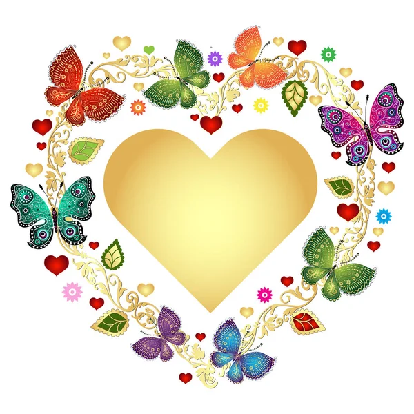 Kwiatowy Valentine Rama Złotym Sercem Kolorowe Motyle Przezroczyste Tło Wektor — Wektor stockowy