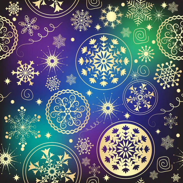 Colorful Mesh Gradient Christmas Seamless Pattern Golden Snowflakes Stars Vector — Stock Vector