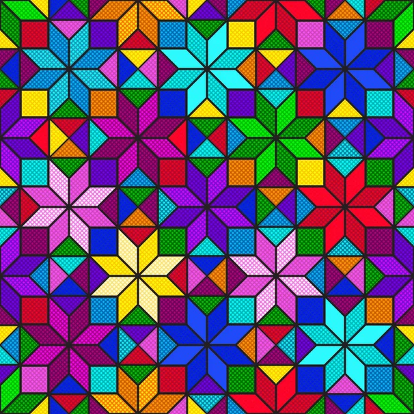 Kleurrijke Heldere Mozaïek Naadloze Patroon Van Veelkleurige Pleinen Rhombuses Driehoeken — Stockvector