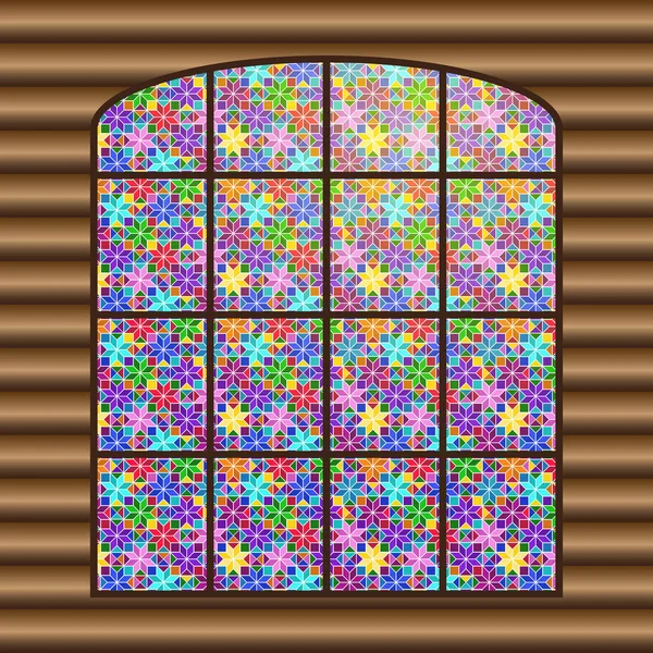 Starožitné Velké Okno Pestrobarevným Mozaikové Okno Pozadí Dřevěnou Stěnu Vektorový — Stockový vektor