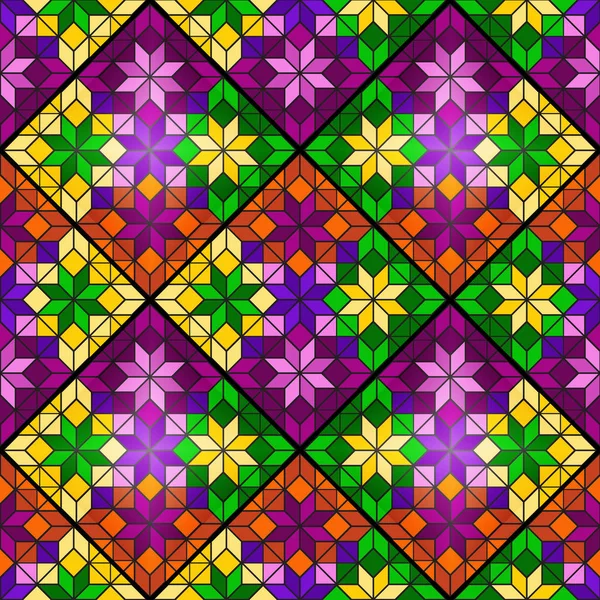 Mosaïque Lumineuse Motif Sans Couture Carrés Multicolores Losanges Triangles Vitrail — Image vectorielle