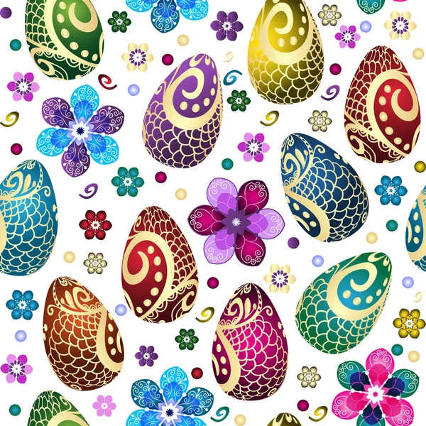 Padrão sem costura Páscoa festiva com ovos decorados — Vetor de Stock