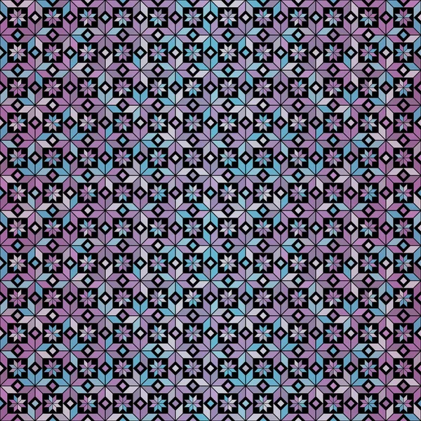 Seamless blue-pink geometric gradient floral pattern on black ba — Stock Vector
