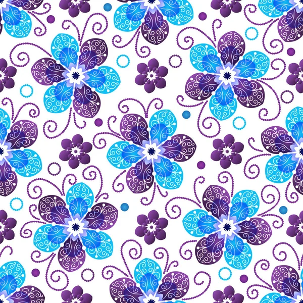 Festive spring seamless pattern with blue and purple flowers — Stock Vector