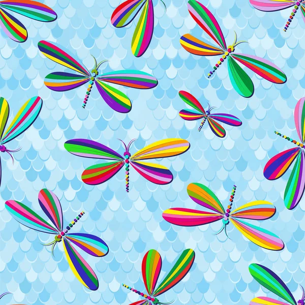Modèle sans couture avec des libellules rayées multicolores — Image vectorielle