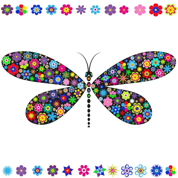 Decorative dragonfly decorated with various multicolored flowers — Stock Vector