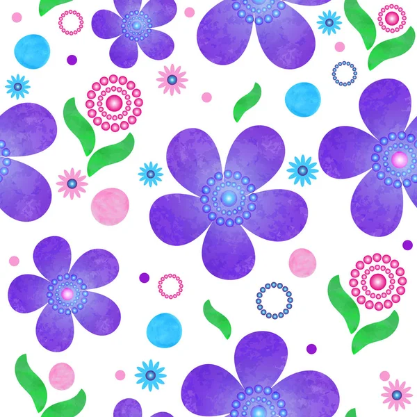 紫の花と色とりどりのポル シームレス春パターン — ストックベクタ