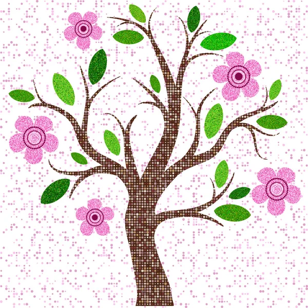 Spring mosaic tree with pink flowers — Stock Vector