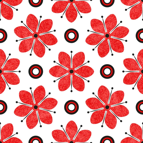 Seamless tricolor pattern with red grunge flowers — Stock Vector