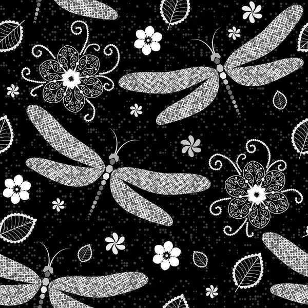Patrón sin costuras con libélulas de plata y flores — Vector de stock