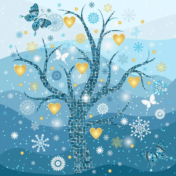 Cadre d'hiver avec arbre, flocons de neige et coeurs dorés — Image vectorielle