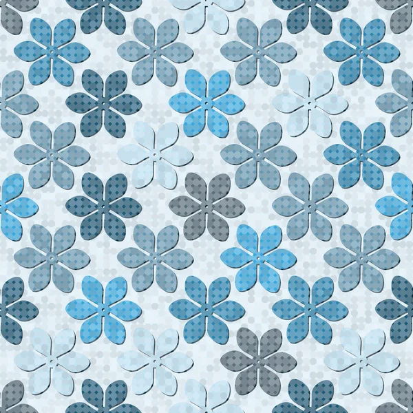 Nahtloses Muster mit blauen Blumen auf gepunktetem Hintergrund — Stockvektor