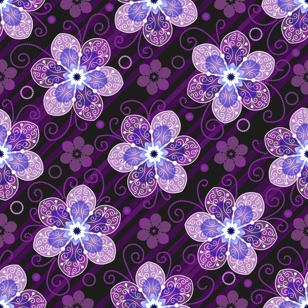 Dunkel lila nahtloses Muster mit transluzenten Blüten — Stockvektor