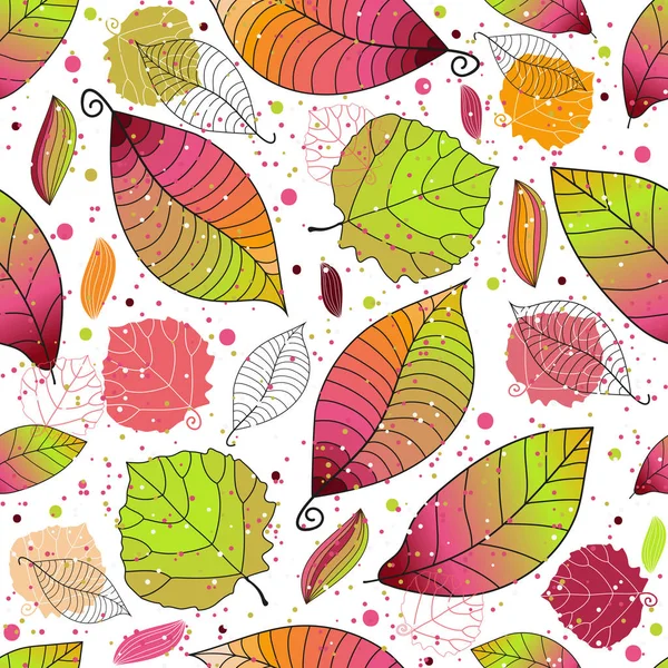 カラフルな葉と水玉模様のシームレスな秋の模様 — ストックベクタ
