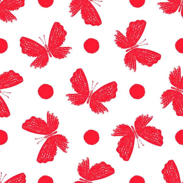 Seamless grunge red monochrome pattern with butterflies — Stock Vector